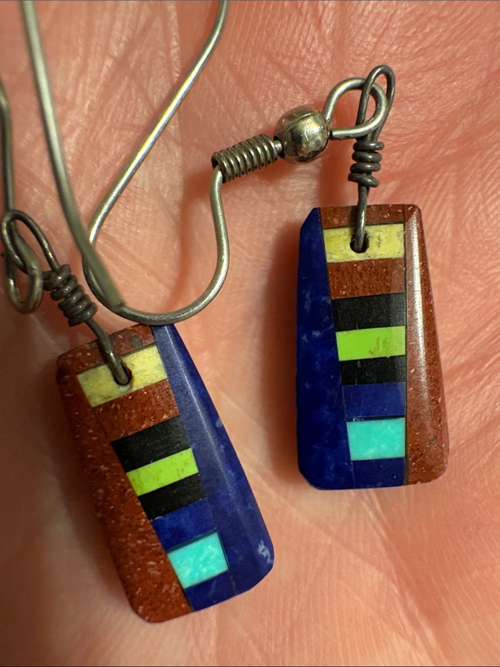 Blue Multi-Color Inlay Dangle Earrings - Picture 7 of 7